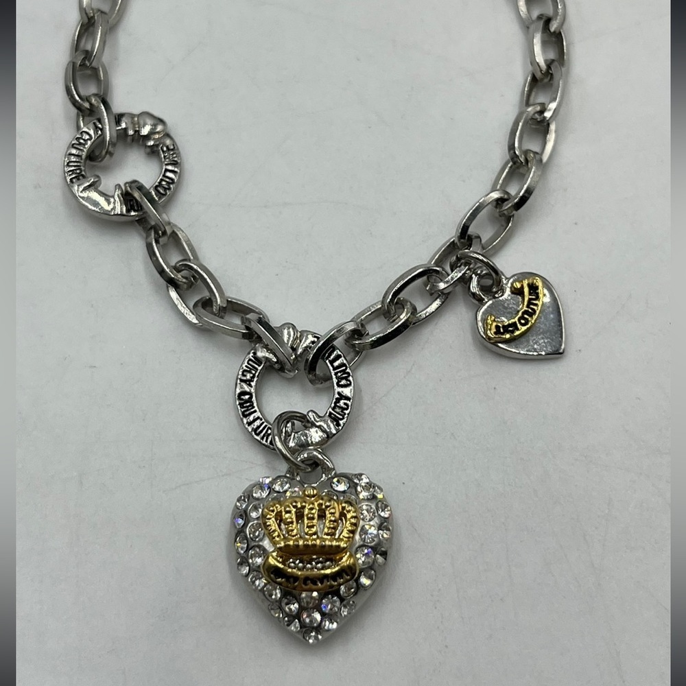 Juicy Couture‎ Chain Bracelet Pave Crystal Silver Gold Tone Puff Heart Charms - Picture 3 of 16